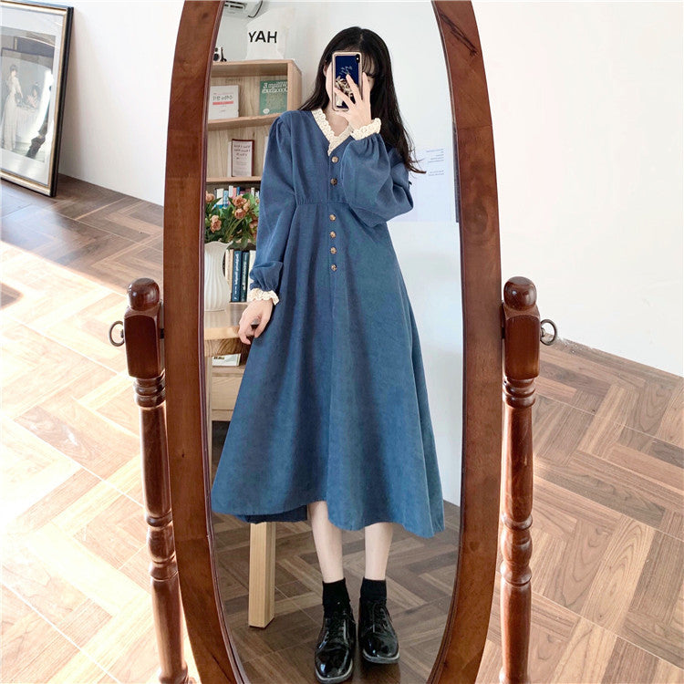 Work Dresses for Teachers Retro V-neck Corduroy Dress Women's Autumn and Winter plus Size Skirt