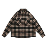 Mens Flannel Jacket Vintage Wool Plaid Top Loose Long Sleeve Shirt Coat Men's Autumn