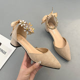 Nude Pumps Block Heel Bow Rhinestone High Heel Shoes