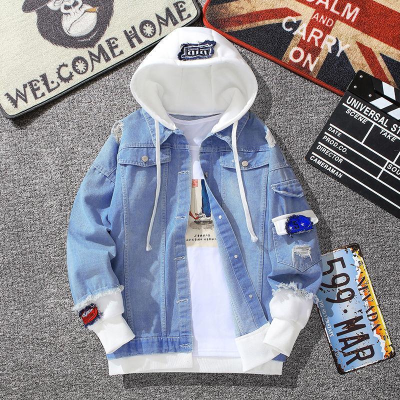 Varsity Autumn Hooded Denim Baseball Jacket Casual Fashionable Large Size Loose