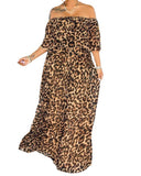 Women Plus Size Maxi Dresses Off-Shoulder Loose Leopard Print Dress