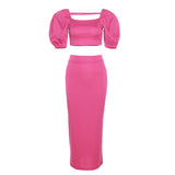 Women Top & Skirt 2 Piece Set Summer Square Collar Puff Sleeve T-shirt Slim Fit Sheath Skirt Suit