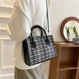 The Teacher Tote Vintage Crossbody Large Capacity Shoulder Bag Simple Color Plaid Stitching Portable Women's Bag