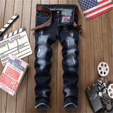 J Shaped Jeans Men's Jeans Blue with Holes Slim Straight