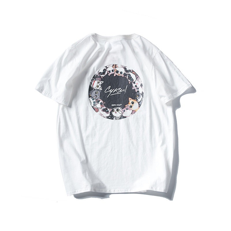 Men's T-shirt Summer Men's K Cartoon Kitten Printed Short-Sleeved T-shirt Casual Loose round Neck Bottoming Top