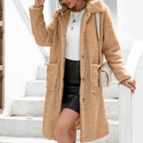 Women Sherpa Jacket Lapel Cardigan Plush Long Single-Breasted Lambswool Trench Coat