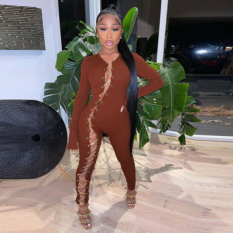 Women's Spring Clothing Sexy Cutout Chain Skinny Hip Raise Sports Jumpsuit
