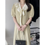 Kim Kardashian Marilyn Monroe Dress Summer Solid Color Dress Women's French Retro Mid-Length Lapel A- line Dress