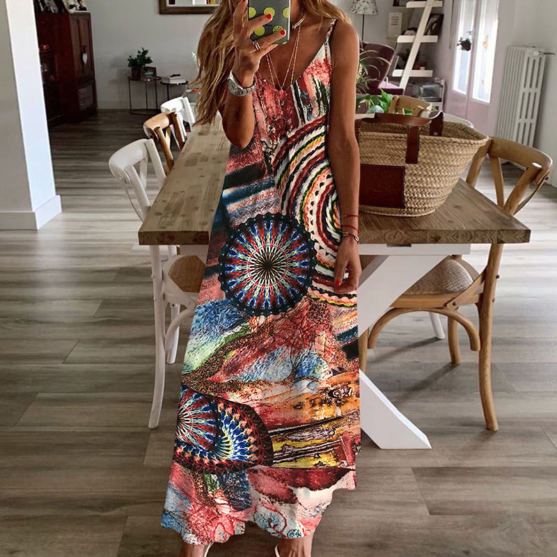 Women Bohemian Dress Summer Loose Printing Slip Dress