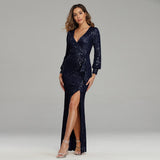 Kim Kardashian Marilyn Monroe Dress Split Long Sleeve Sequined Banquet Evening Dress for Women