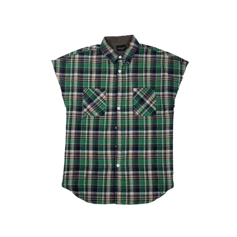 Mens Flannel Jacket Fog 6Th Stand Collar Flannel Plaid Loose Sleeveless Jacket Short-Sleeved Shirt