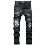 J Shaped Jeans Stitching Hole Patch Stick-on Crystals Men's Straight Stretch Jeans