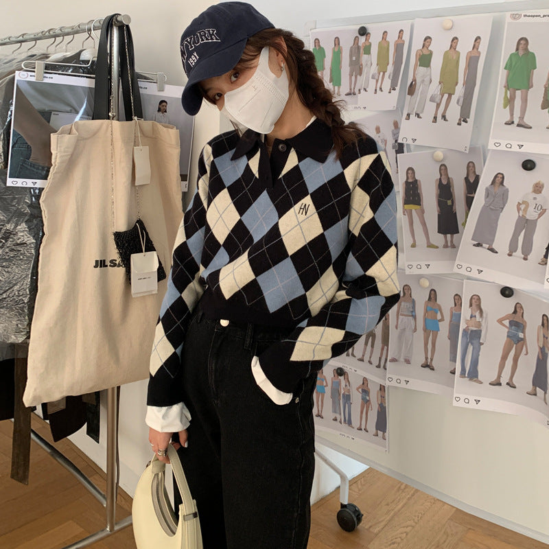 Preppy Aesthetic Outfits Diamond Plaid Contrast Color Cropped Pullover Sweater