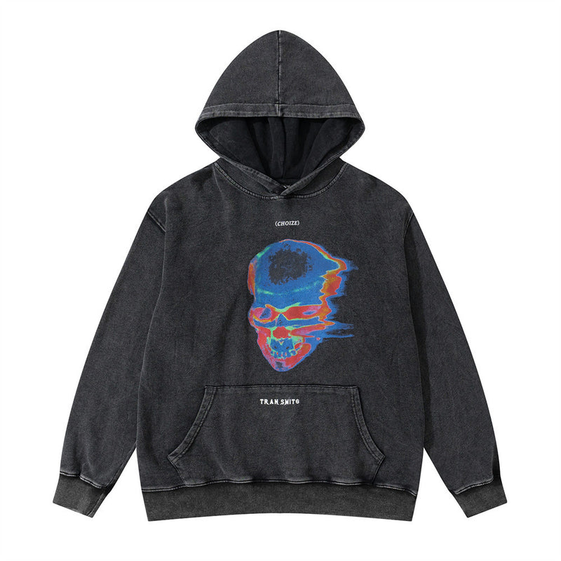 Skull Hoodie Skull Print Washed Distressed Hooded Sweater Men's Dark Fashion Brand Loose-Fitting Hoodie Trendy Pullover