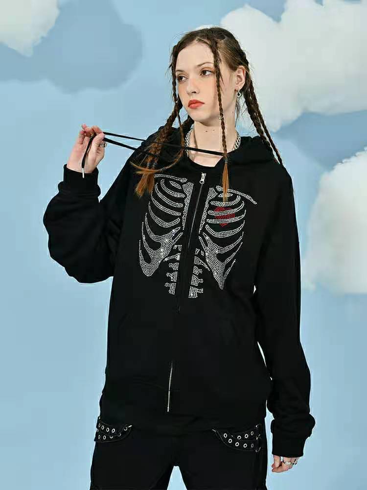 Skeleton Hoodie Love and Skeleton Rhinestone Pattern Women's Thread Sweater