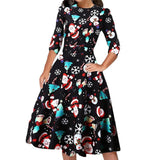Work Dresses for Teachers Christmas Slimming Printed round Neck 3/4 Sleeves Large Swing Dress