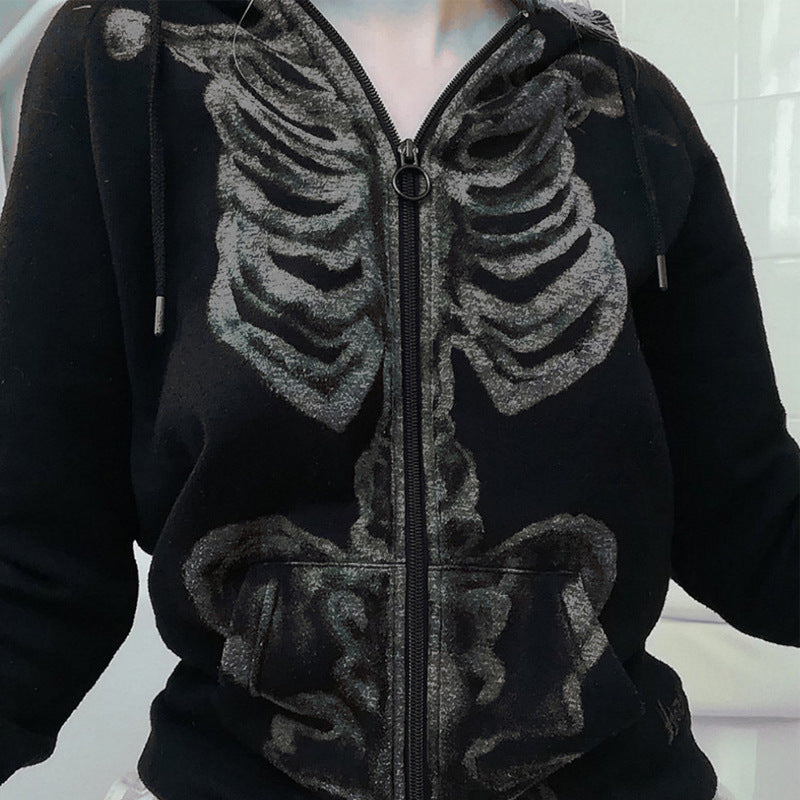 Skull Hoodie Halloween Skull Printed Full-Zip Cardigan Fall Winter Coat