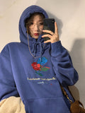 Black Rose Hoodie Vintage Fleece-Lined Thickening Embroidery Rose Sweater