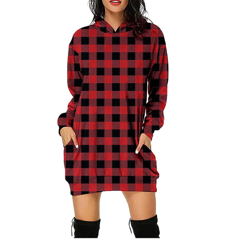 Work Dresses with Pockets Printed Plaid Hooded Long Sleeve Sweater Women's Clothing