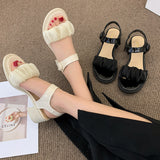 Nude Chunky Heel Pearl Sandals Roman Shoes