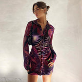 Summer and Autumn Women's Sexy Printed Long-Sleeved Shirt Short Skirt Dress