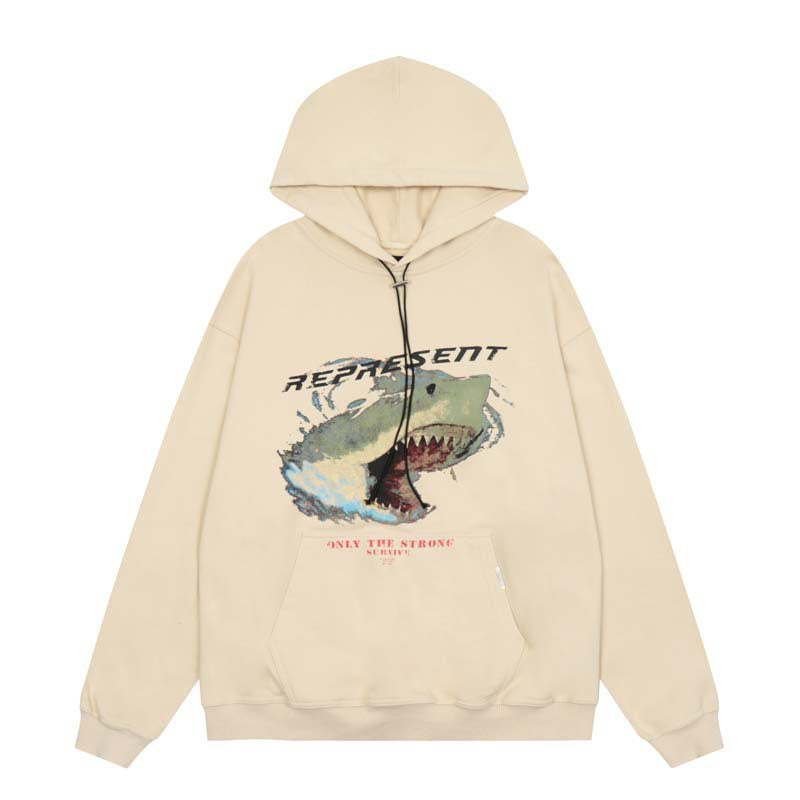 Represent Hoodie Represent Shark Head Portrait Letter Print American High Street Washed and Worn Retro Hooded Sweater Hoodie Winter