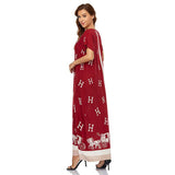 Muslim Women Stylish Kashibo Abaya Muslim Ladies Long Gown Islamic Clothing Jilbab Jalabiya Pullover Print Red Loose-Fitting Maxi Dress
