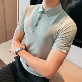 Men Polo Shirts Slim-Fit Stretch Striped Lapel T-shirt Men's Top