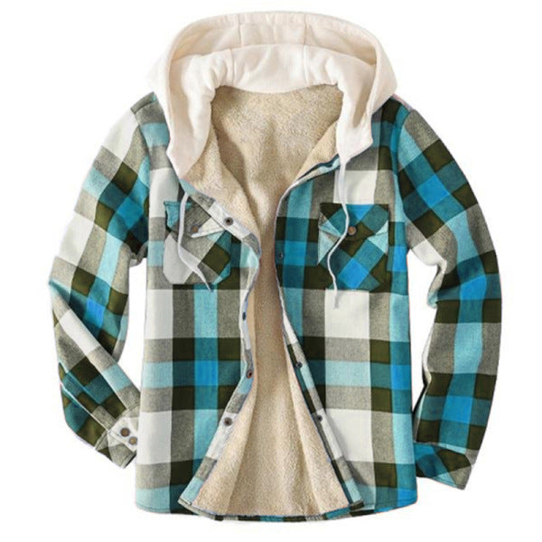 Mens Flannel Jacket with Hoodie Fall/Winter Jacket Casual Hooded Fake Two Pieces Plaid Jacket