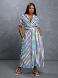 Women Plus Size Maxi Dresses Striped Printing Color Contrast Long Sleeve Shirt Dress