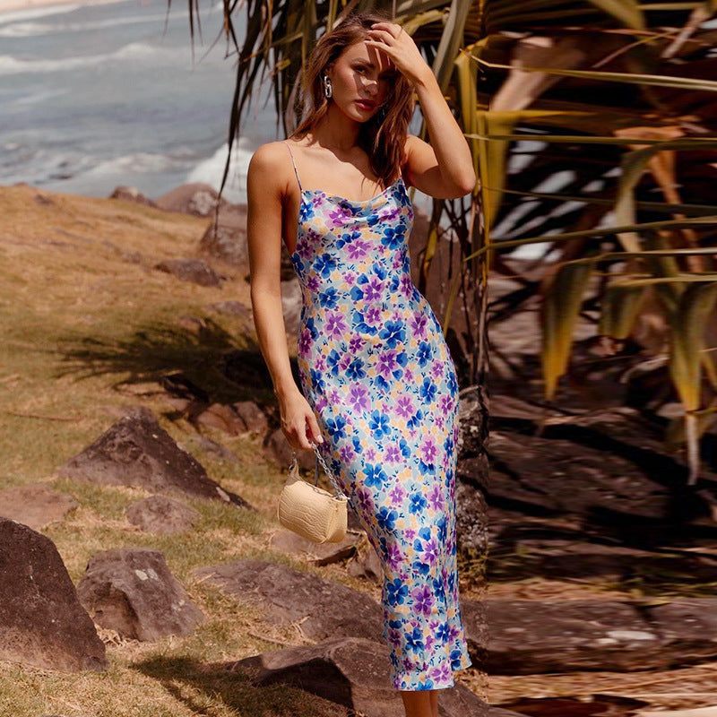 Spring and Summer Women's Sexy Print Backless Strap Dress