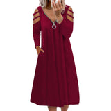 Work Dresses with Pockets Autumn Zipper V-neck Solid Color Long Sleeve Dress