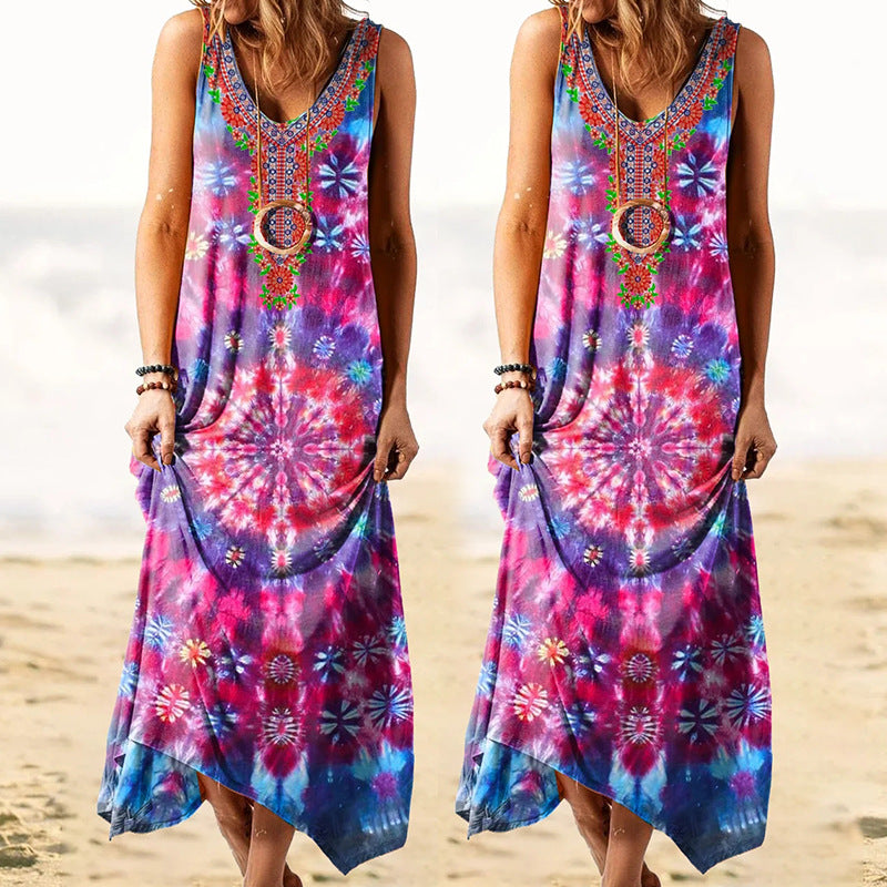 Women Bohemian Dress Summer Printed Sleeveless Dress