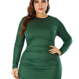 Women Plus Size Mini Dresses Round Neck Long Sleeve Color Matching Sheath Dress