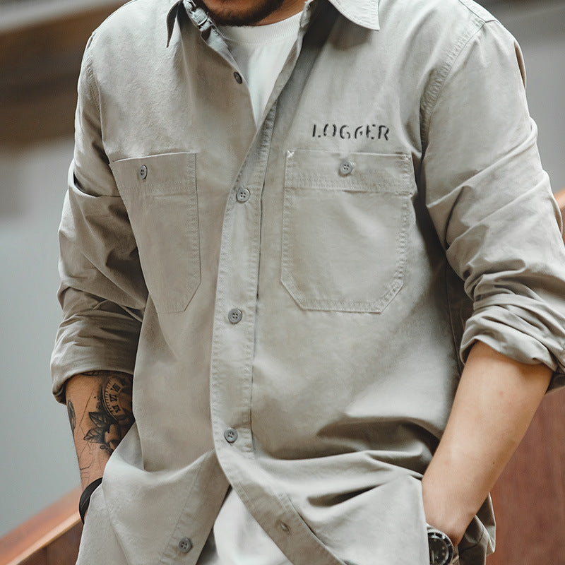 Work Shirts Vintage Letter Print Light Gray Shirt