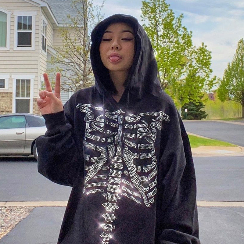 Skeleton Hoodie Sternum Hot Drilling Fashion Loose Long Hoodie