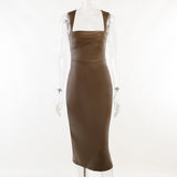 Emily Ratajkowski Dress Slim-Fit Leather Vest Long Dress Suspender Dress