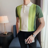 Men Polo Shirts Thin Stretch Striped T-shirt