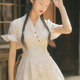 Women Cottagecore Dress Summer Retro Style Waist Dress Lady Gentle Long Dress