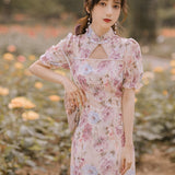 Women Cottagecore Dress Vintage Beaded Floral Cheongsam Dress