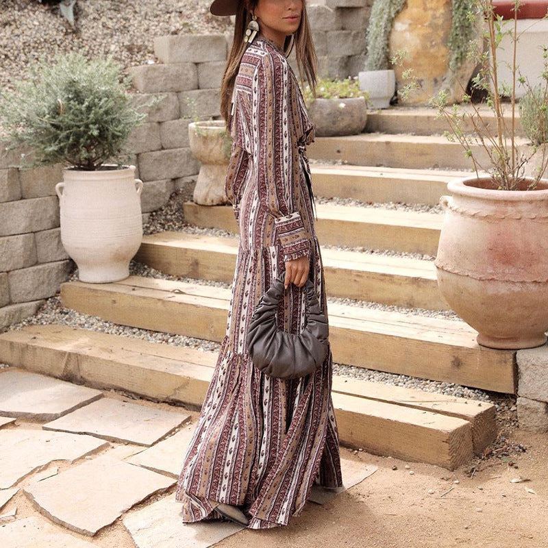 Women Bohemian Dress Autumn and Winter Cardigan Printed Long Dress