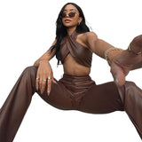 Women Top & Pant 2 Piece Set Autumn Sexy Backless Underwaist Slim-Fit Straight Trousers Suit