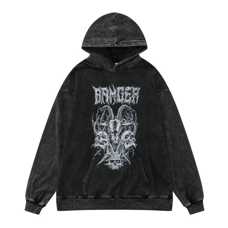Skull Hoodie Skull Dark Washed and Worn Hoodie Autumn and Winter Hip Hop Jacket
