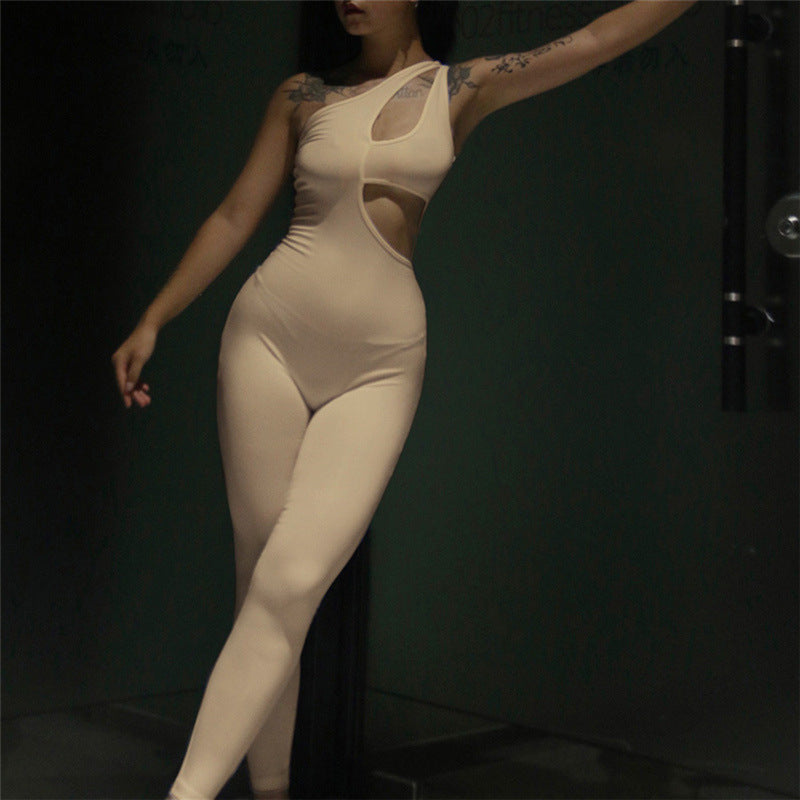 Summer Women's Sexy Cutout One Shoulder High Waist Tight Casual Sports Fitness Jumpsuit