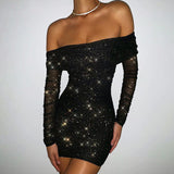 Nina Parker Dresses Sexy Mesh Pleats off-the-Shoulder Sheath Evening Dress
