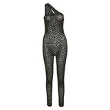 Summer Women's Sexy Mesh Flocking Leopard Print One-Shoulder High Waist Tight Sports Jumpsuit