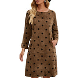 Work Dresses with Pockets Long-Sleeve round-Collar Dress Autumn and Winter Printed Pocket Dress