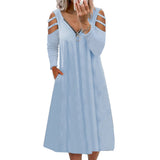 Work Dresses with Pockets Autumn Zipper V-neck Solid Color Long Sleeve Dress