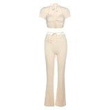 Women Top & Pant 2 Piece Set Summer Sexy Hollow T-shirt Slim Fit Bootcut Trousers Suit