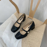 Nude Pumps Block Heel Mary Jane Leather Shoes